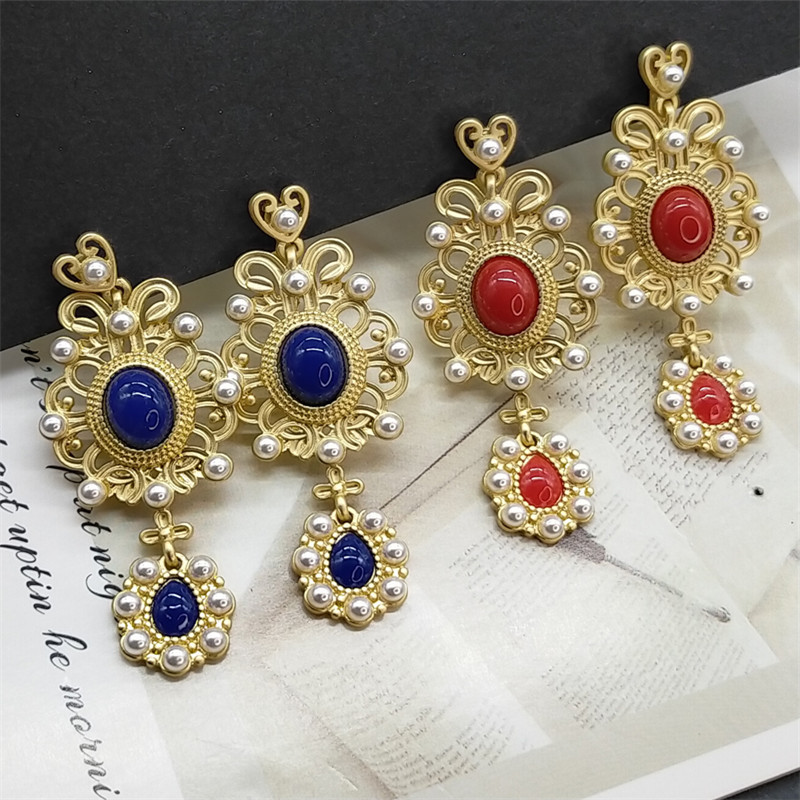 欧美复古巴洛克耳环宫廷珍珠耳饰镂空十字结磨砂金民族风汉服耳环