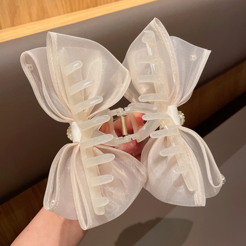 韩国气质蝴蝶结网纱大号鲨鱼夹高级感水钻镶嵌盘发夹女后脑勺抓夹