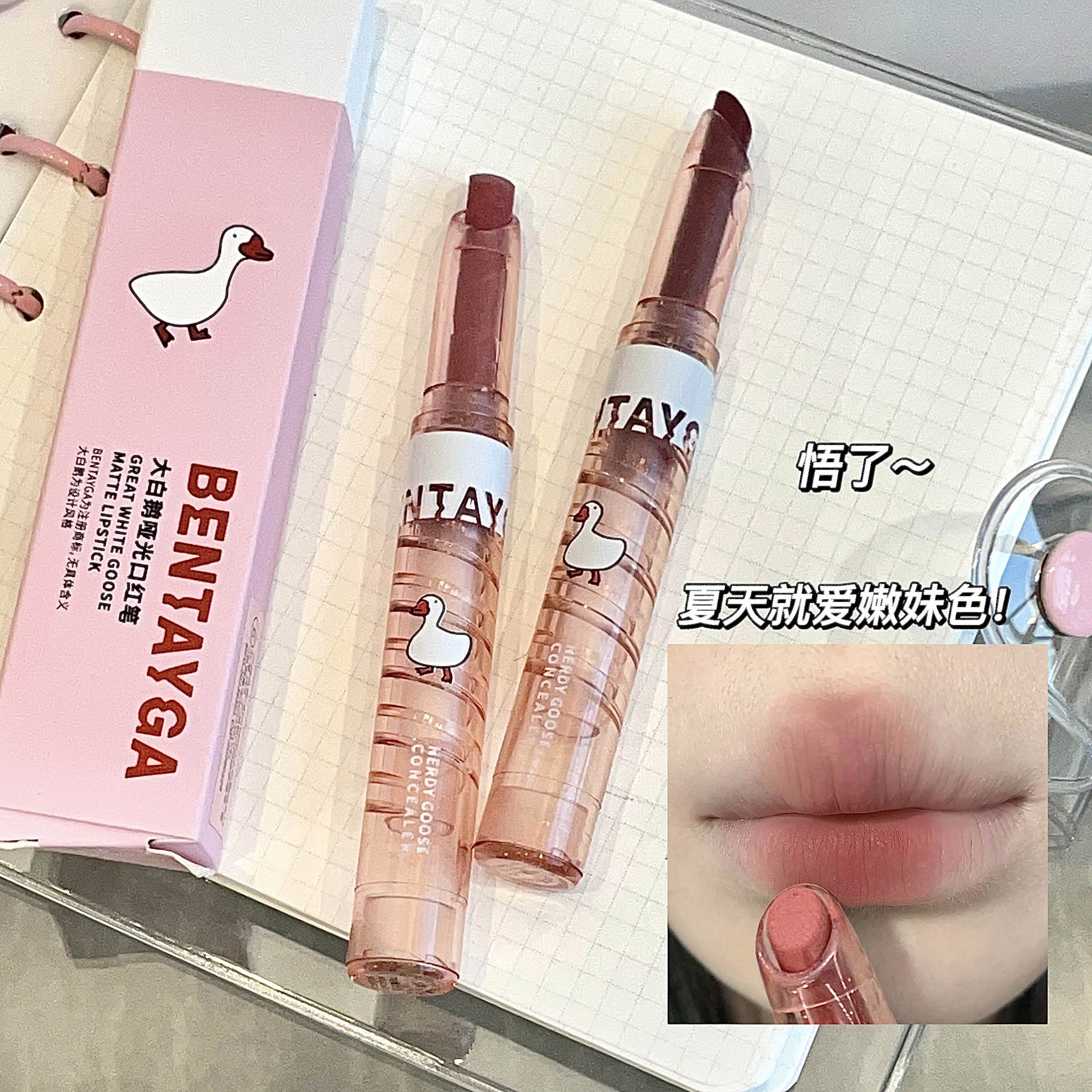 Big White Geese Matte Finish Velvet Lipstick Pen Non-Fading Nude Color Student Pseudo Plain Makeup White Cheap Lip Gloss