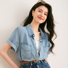 韩版休闲天丝牛仔衬衫女设计感小众夏装新款宽松显瘦蓝色短袖衬衣