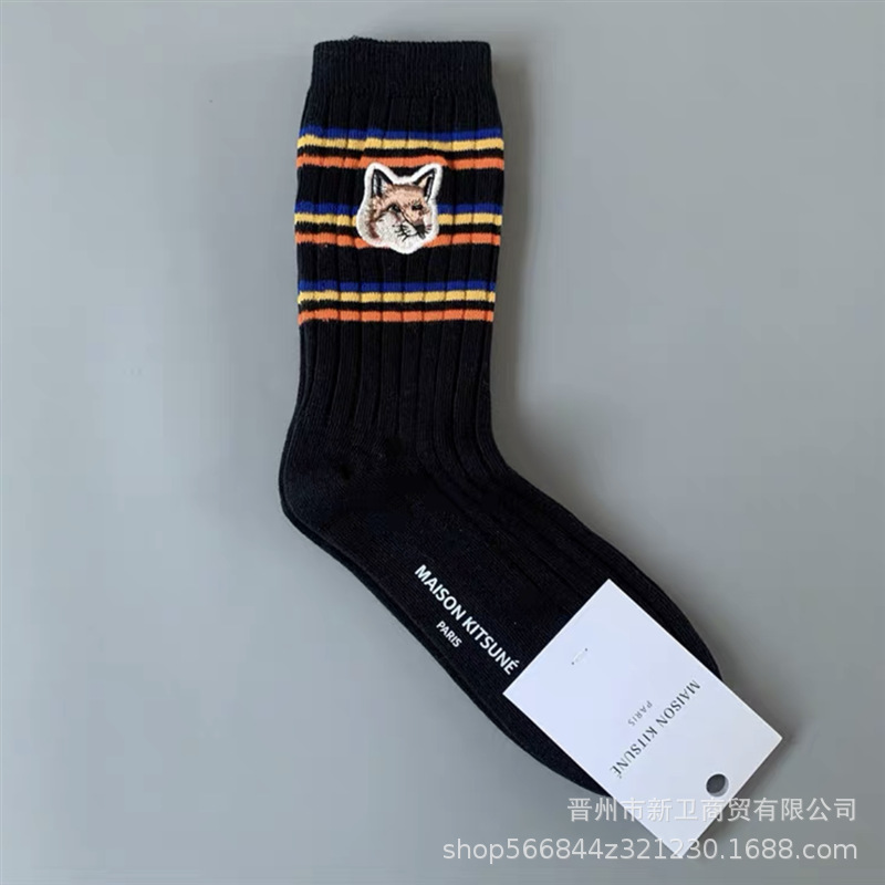 New French Fox Double Needle Color Block Embroidery Socks Maison Casual Catwalk Mid-Calf Kitsune Women's Socks