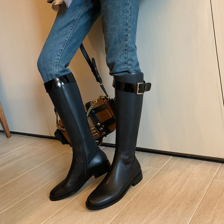 2022冬季低跟高筒靴女不过膝长靴小个子骑士靴绑带马丁皮带扣女靴