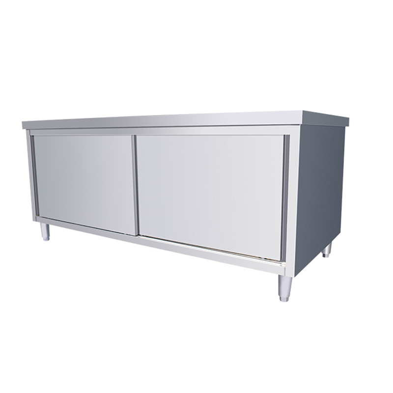加厚不锈钢单通打荷台双通工作台商用厨房荷台加固带门收纳柜拉门-阿