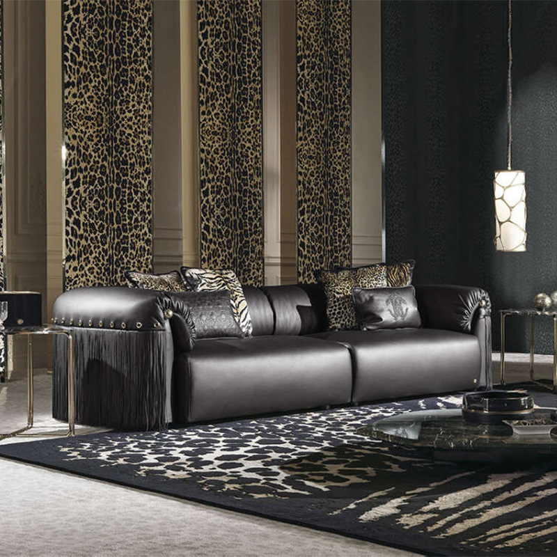 意大利roberto cavalli意式轻奢客厅直排头层真皮卡瓦利流苏沙发