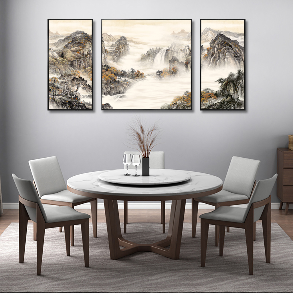 水墨山水三联画新中式餐厅挂画山水情组合装饰画沙发背景墙画代发