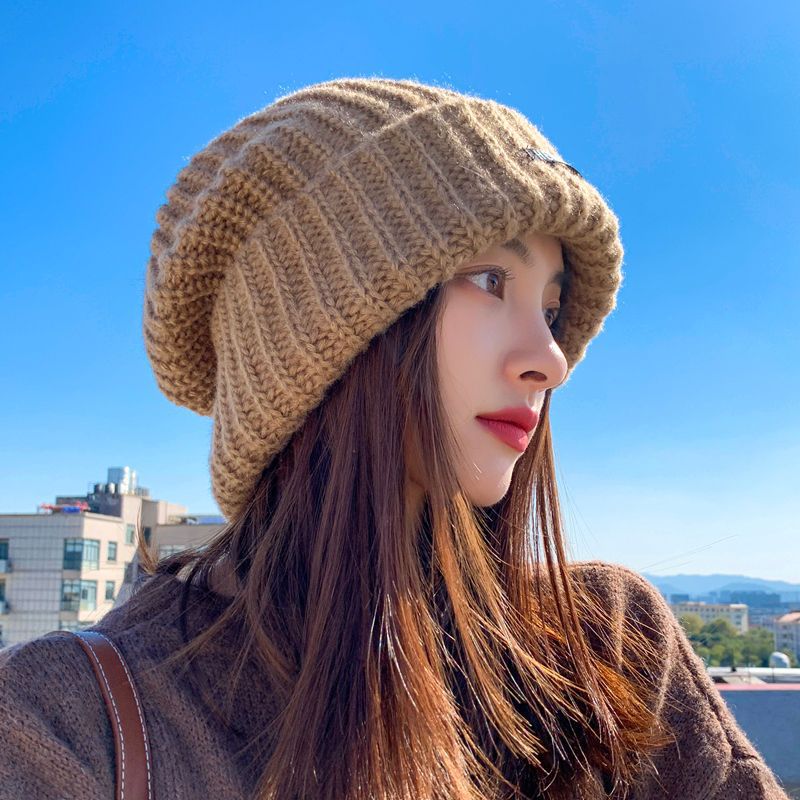 Japanese Loose Big Head Circumference Thickened Woolen Knitted Hat Children's Winter Face Slimming Warm Ear Protection Pile Heap Cap Men's Fashion