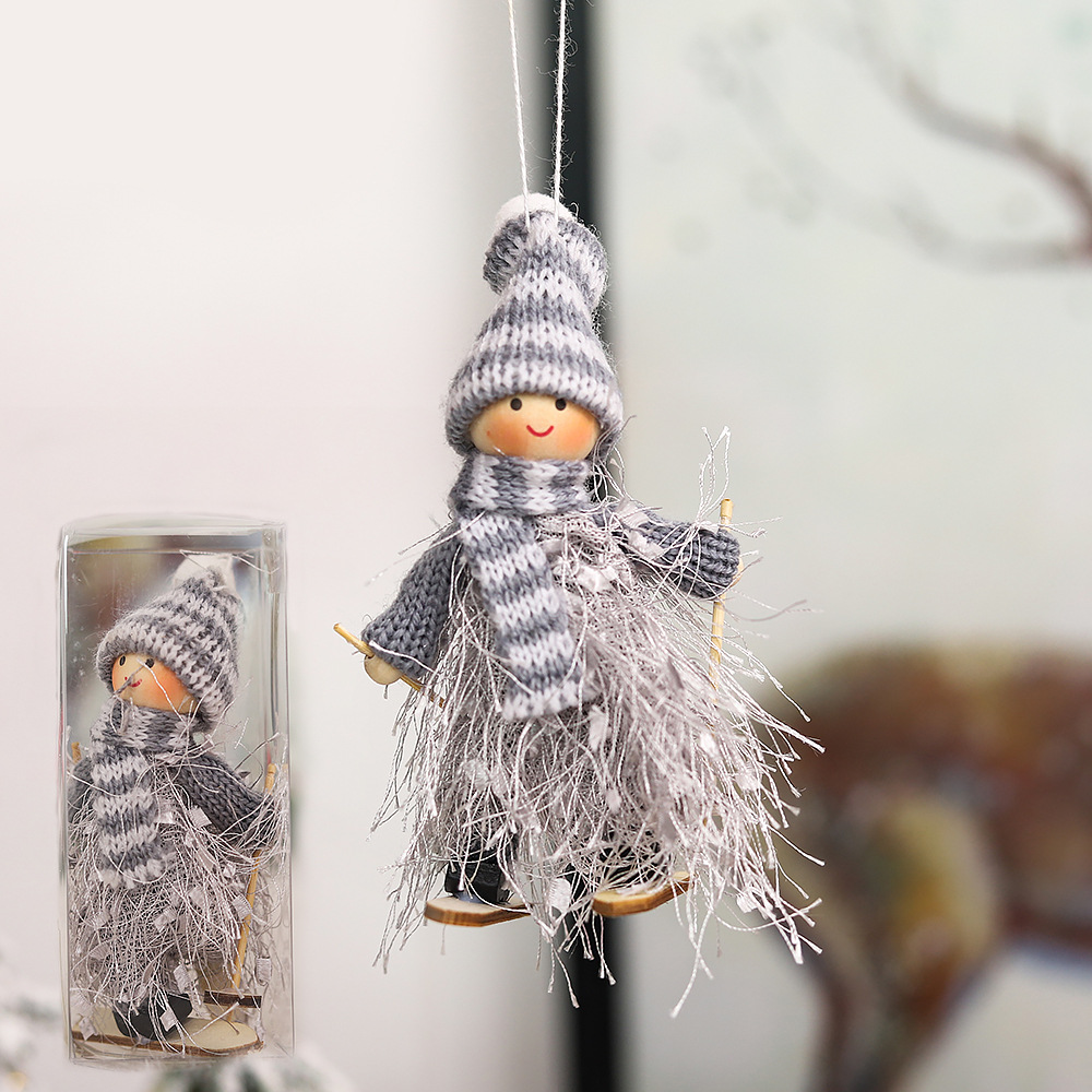 New Christmas Decorations Creative Cute Wood Fiber Tassel Yarn Ski Doll Doll Pendant Ornament