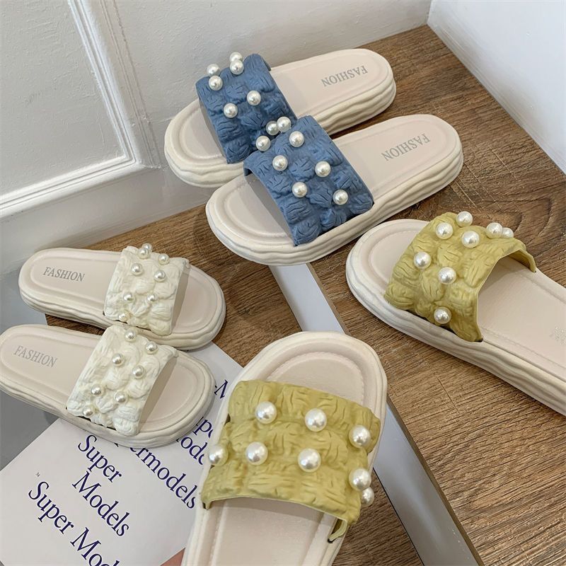 new female students thick bottom pearl flat with sandals and slippers fashion home wear all-match muffin beach wholesale