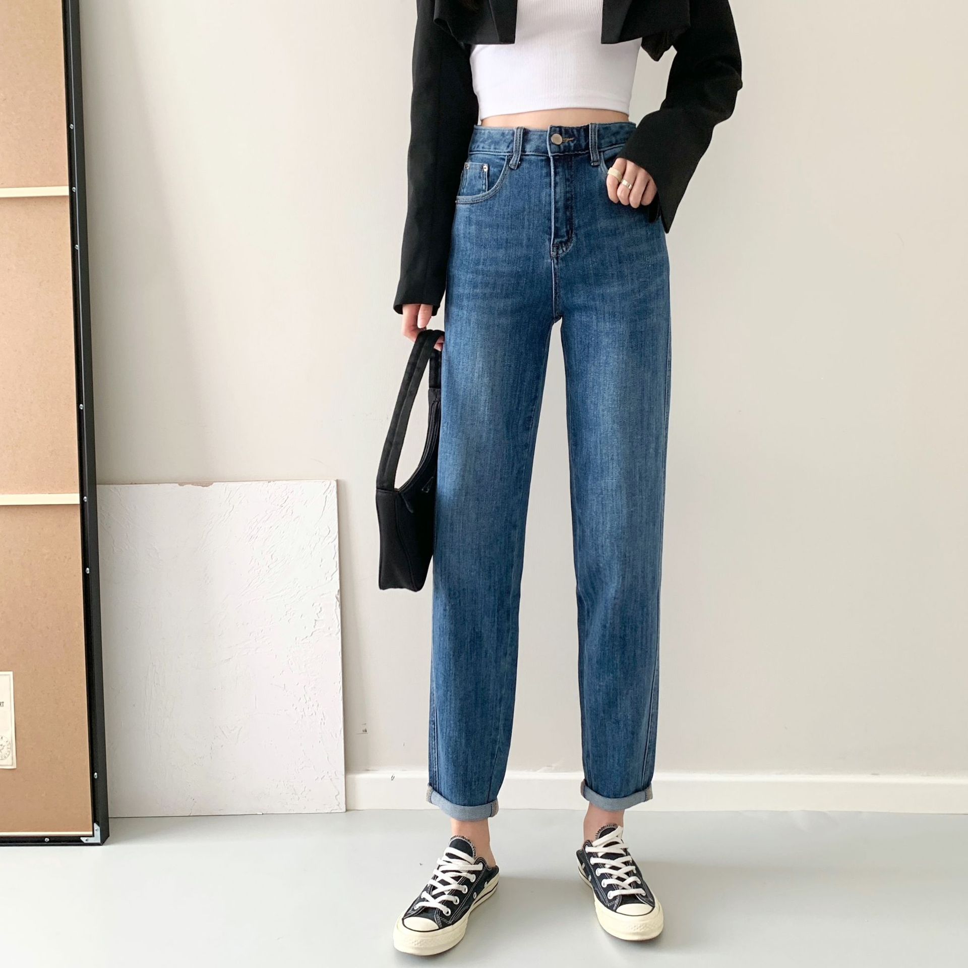 欧美街拍高腰磨白水洗牛仔裤早秋款宽松显瘦都市休闲哈伦裤九分裤