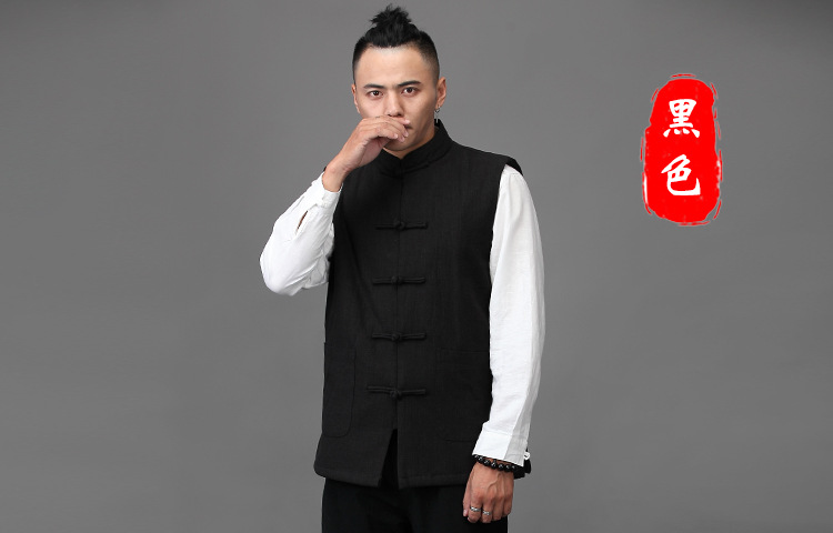 中国风男青年亚麻马甲加棉坎肩民国风唐装背心汉服棉麻马褂冬季