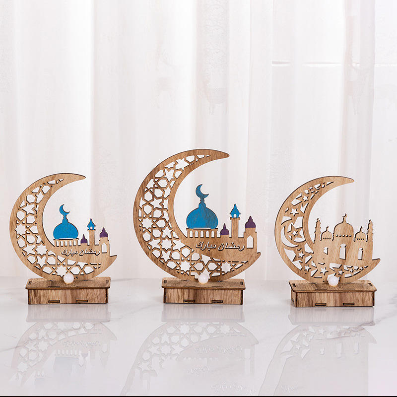 木质家居摆件开斋节斋月节发光月亮桌面装饰品木制工艺品摆件批发
