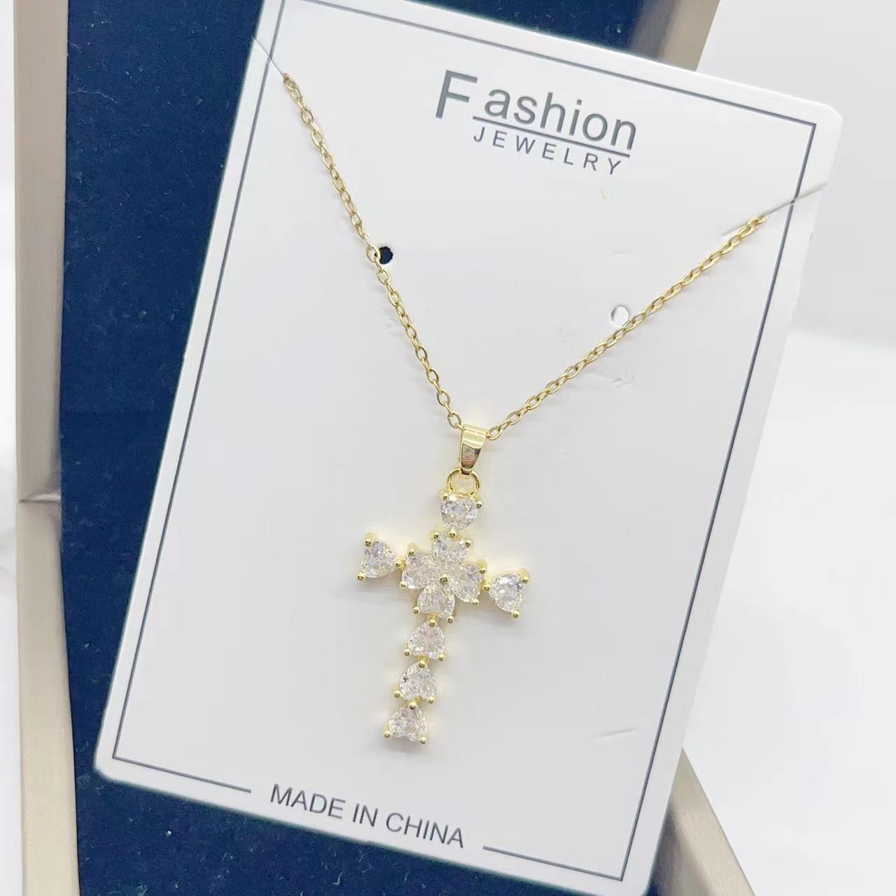 Europe and America Cross Border New Product Best-Selling Copper Zircon Cross Necklace Creative Fashion Fashionmonger All-Match Necklace Accessories