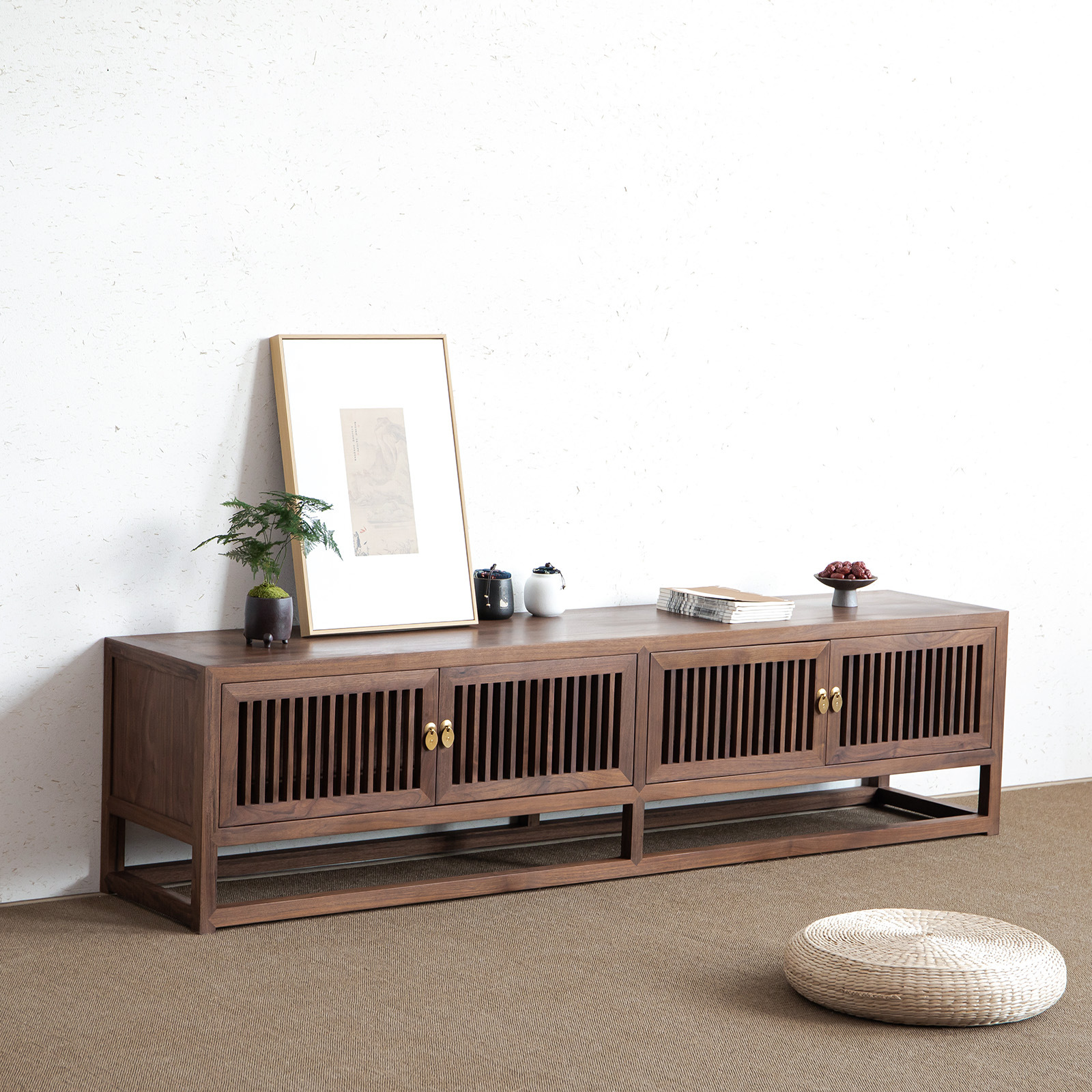 新中式电视柜现代客厅家具禅意黑胡桃实木玄关柜榆木落地矮柜