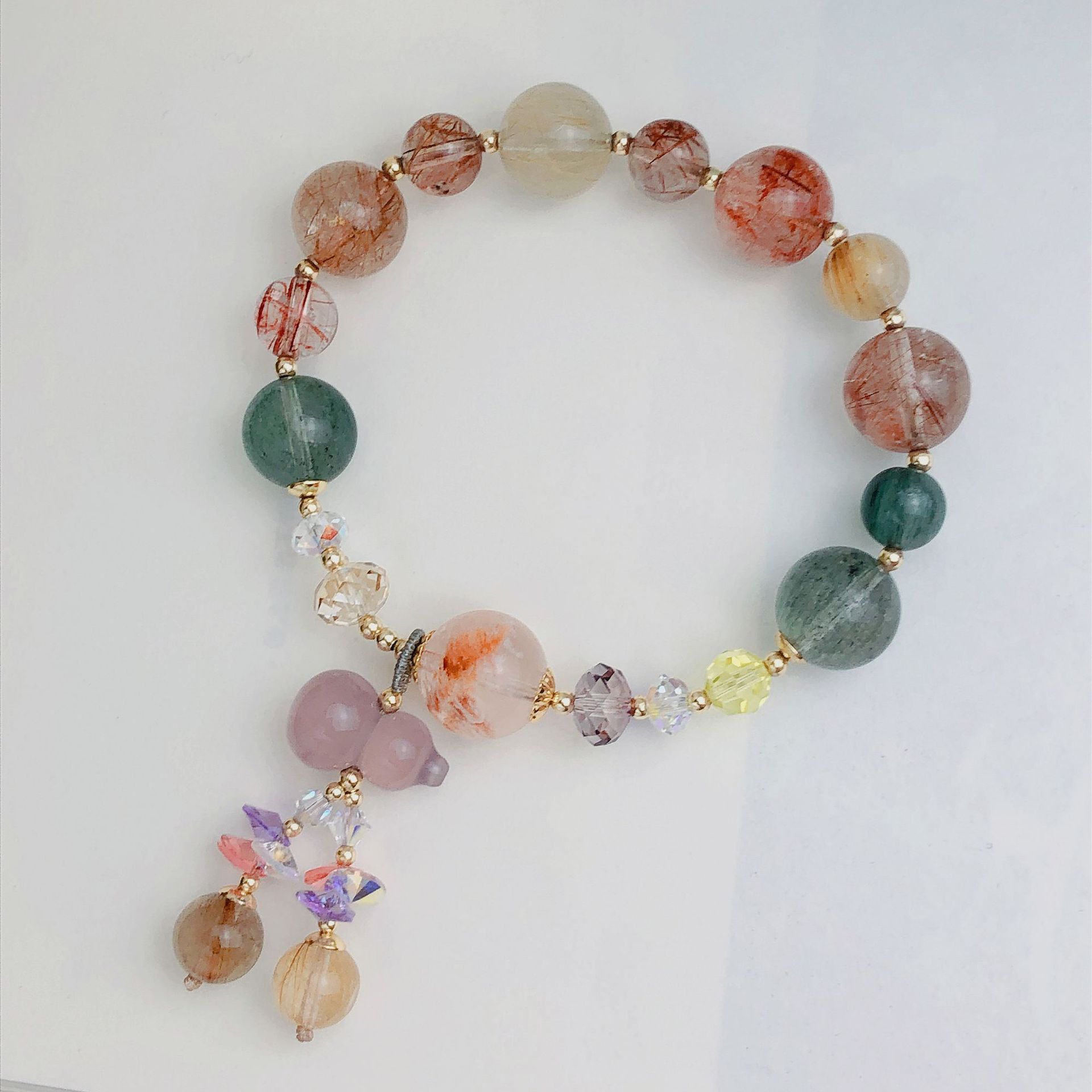 彩发晶玉髓粉葫芦吊坠手链女单圈气质优雅古风奥地利水晶diy手串