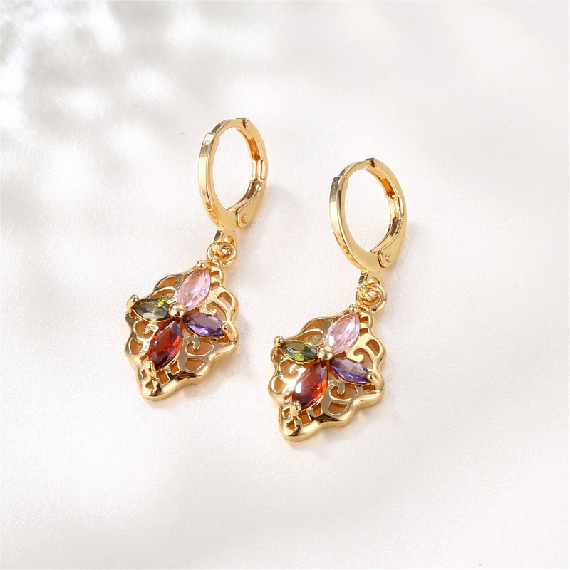 Korean Style Fashion Flower Hollow Colorful Zircon Earrings Women's Court Style 18K Real Gold Mixed Color Earrings Personalized Earrings