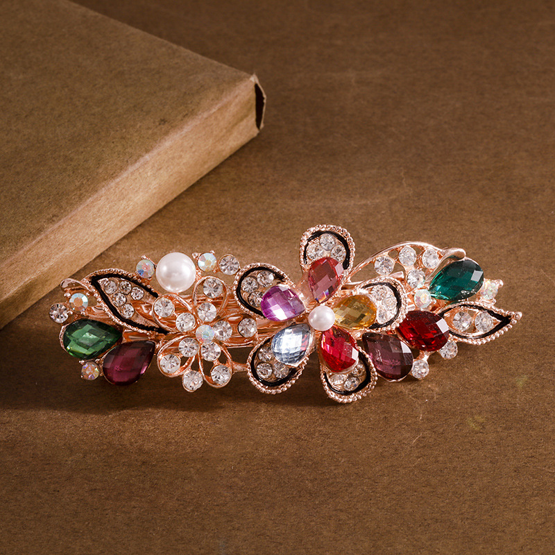 花朵发夹头饰简约时尚发卡水晶珍珠弹簧夹夹子满钻盘发马尾夹发饰