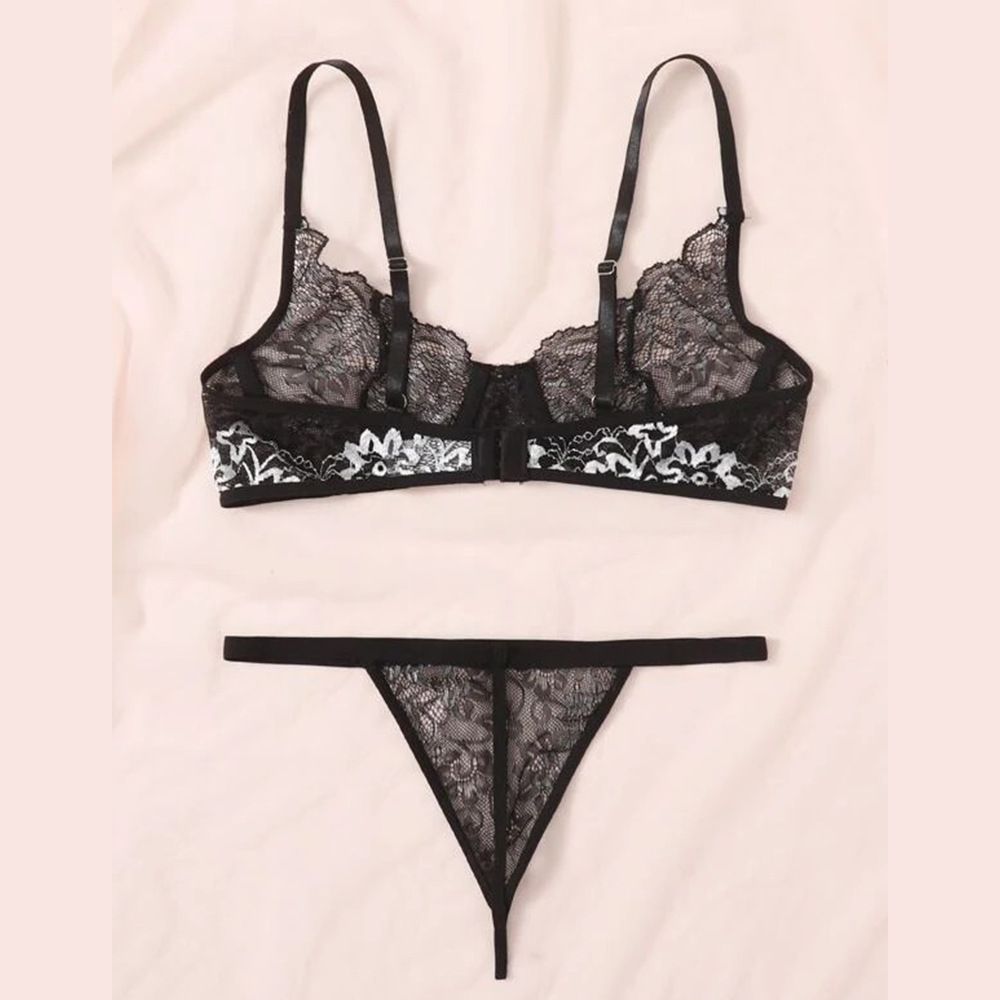 法式少女黑色性感超薄蕾丝镂空绑带内衣有钢圈半透明透视文胸套装