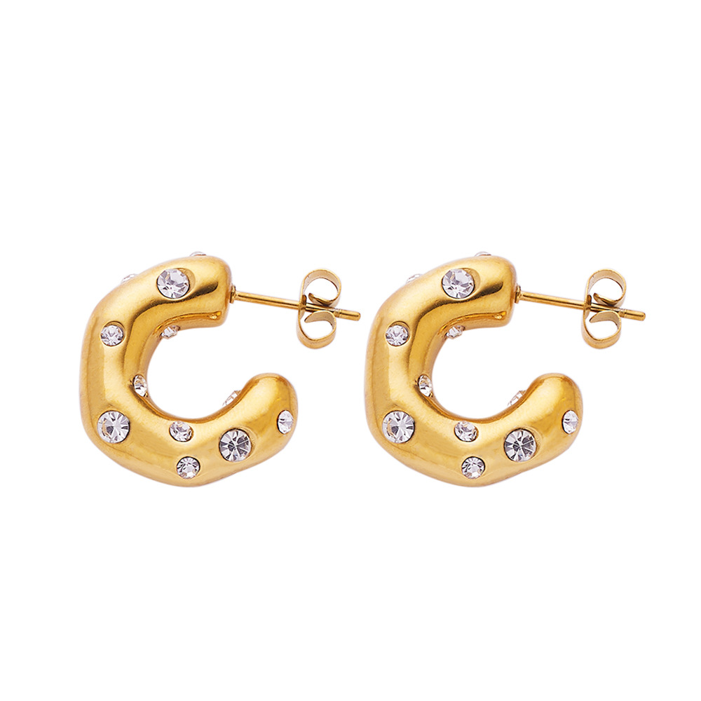 Cross-Border New Diamond-Embedded Pearl Shaped Stainless Steel Earrings Niche High-Grade 18K Gold Zircon C- Shaped Earrings