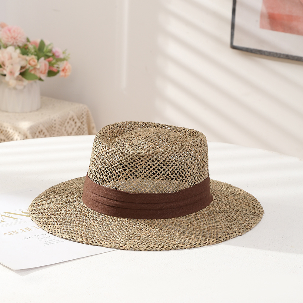 Artistic Retro Flat Top Warp Knitted Straw Hat Summer Beach Travel Style Hat Outdoor Hollow Sun Hat Adult