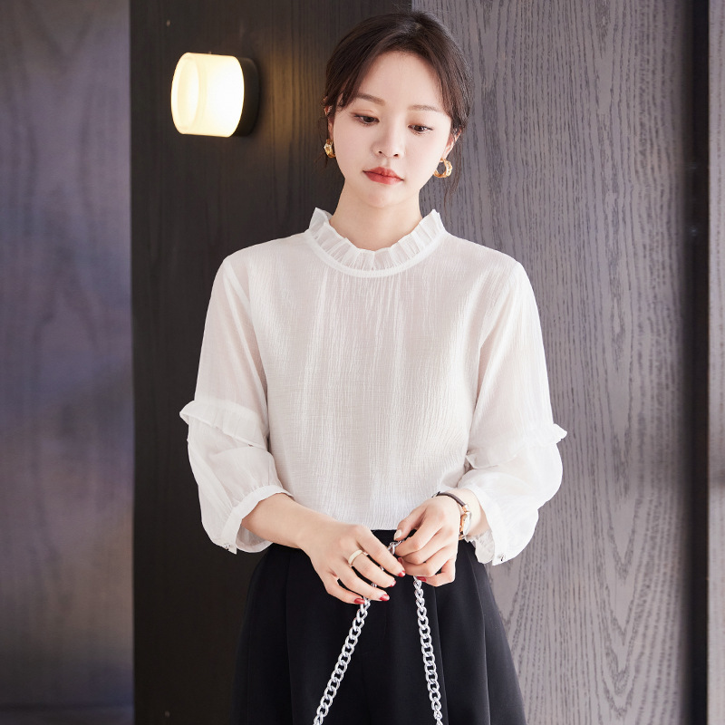 高级感荷叶边立领衬衫女春夏新款防晒上衣简约纯色中袖天丝衬衣