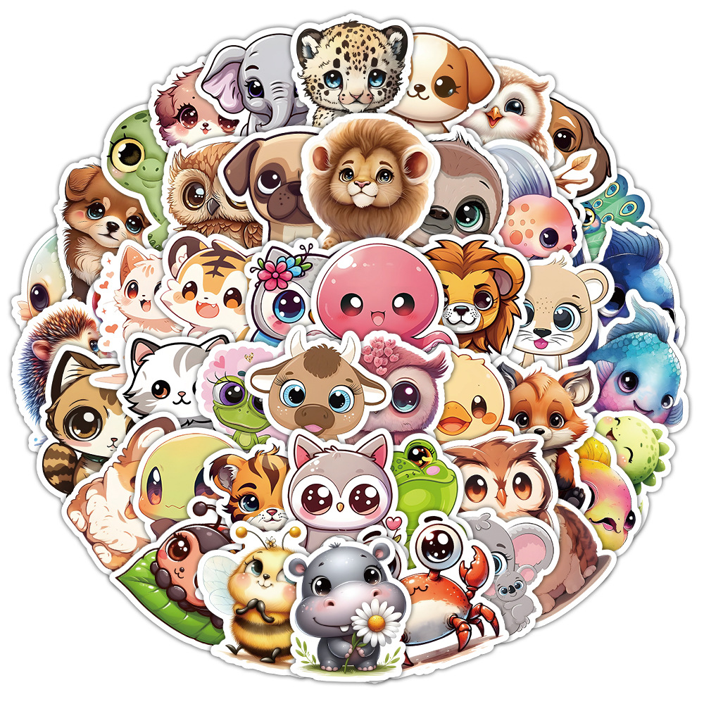 50张大眼睛动物贴纸亚马逊热销跨境新款卡通可爱自然动物贴画批发