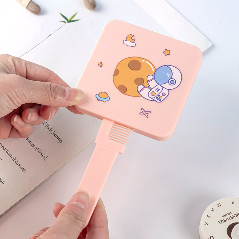 Girl Heart Hand-Held Makeup Mirror Portable Cartoon Spaceman Small Mirror Portable Two-in-One with Comb Dressing Mirror