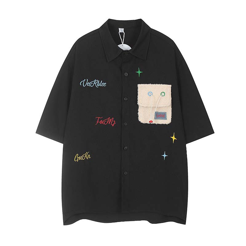 国潮街头十字星字母刺绣贴布口袋翻领polo衫男女潮牌宽松休闲衬衫