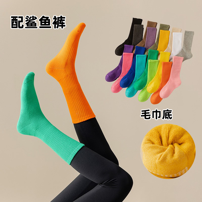 Colorful Socks Autumn and Winter with Shark Pants Stockings Outer Wear Sports Yoga Socks Towel Bottom Fitness All-Match Fashionable Cotton Socks