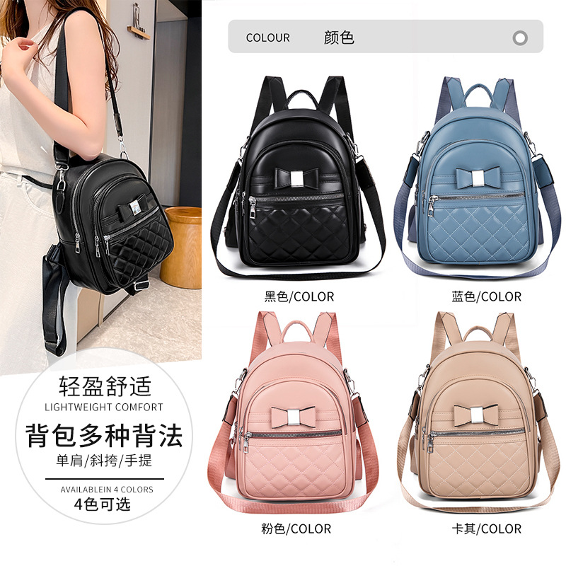 Cross-Border Backpack 2023 New Fashion Large Capacity Student Travel Zip School Bag Rhombus Bow Backpack