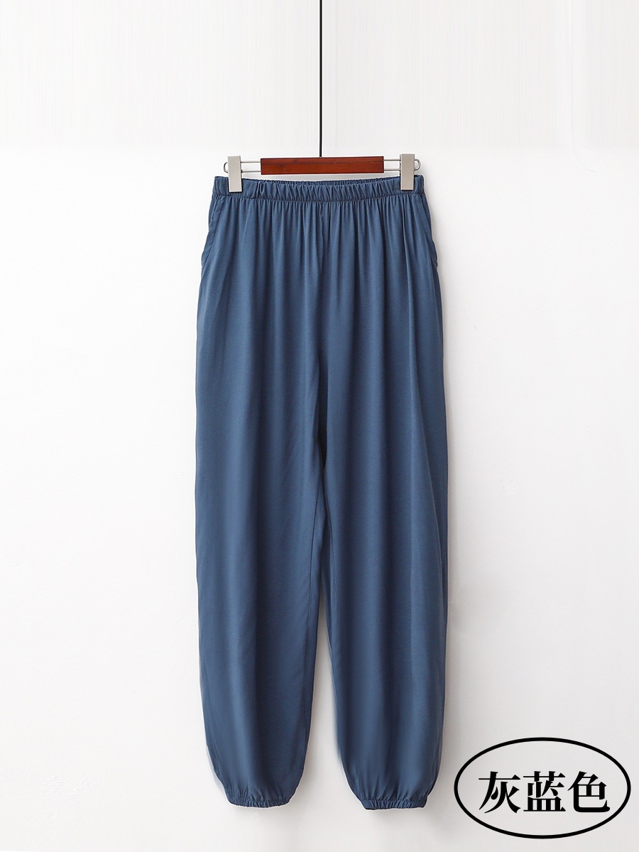 中老年男士棉绸松紧腰休闲裤子爸爸薄款人造棉长裤老人绵绸防蚊裤