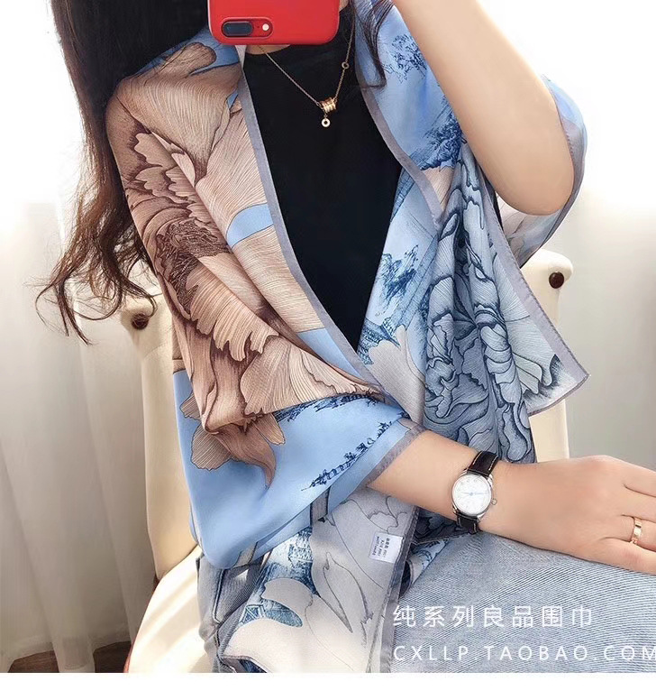 New Sunscreen High-End Imitated Silk Scarves Women's Korean Style Scarf Printed Gift Silk Ethnic Style Shawl Beach Towel