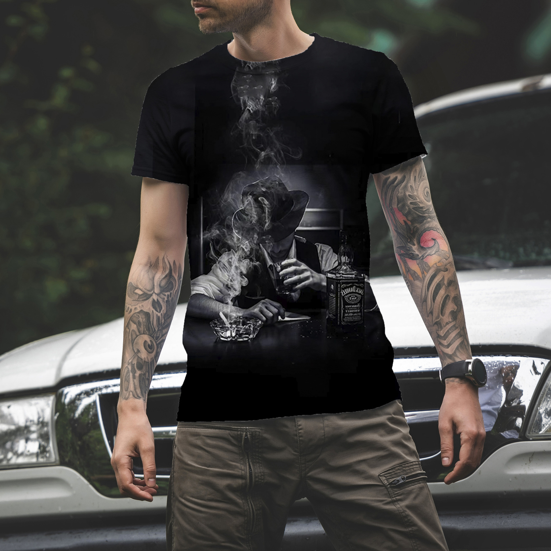 2022欧美新款黑帮杰克丹尼雪茄硬汉印花男士3dt恤夏季短袖潮流