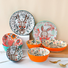 创意釉下彩陶瓷米饭碗动物森林汤碗可爱早餐家用碗盘卡通餐具套装