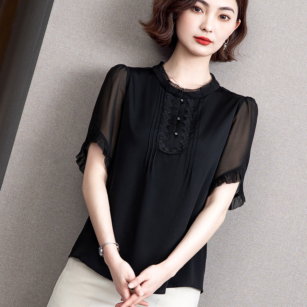夏季新款淑女黑色蕾丝立领短袖气质衬衫短袖雪纺衫甜系上衣女
