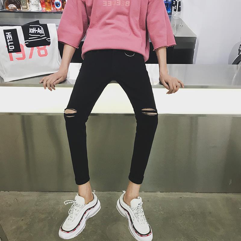 夏天黑色破膝盖牛仔裤男修身小脚韩版潮男百搭乞丐破洞显瘦九分裤