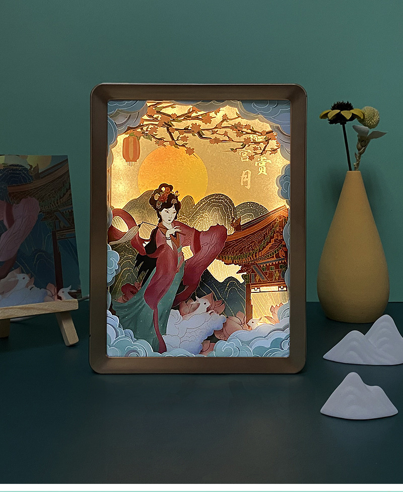 故宫国潮古风手工diy礼物新中式客厅摆件相框灯中秋3d立体纸雕灯