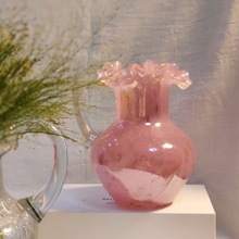 复古芬顿手工单耳褶皱花边壶口气泡金粉色琉璃花瓶水养插花器摆件