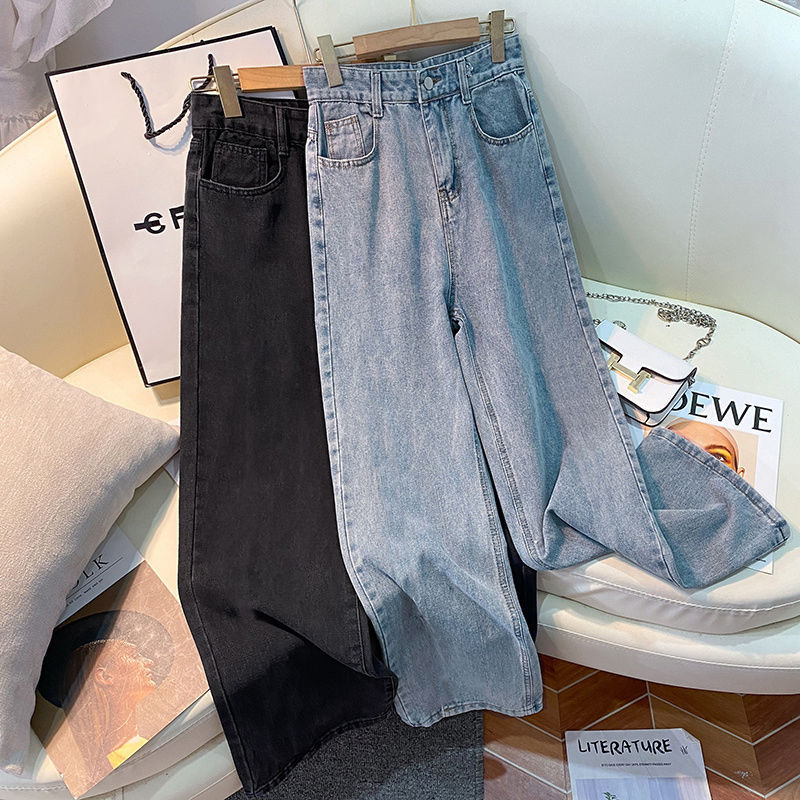   Casual Wide-eg Jeans Women's Spring Small Versatile High Waist oose Outer Wear Trousers Straight Drooping Mop Pants