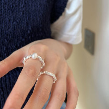 敲好看珍珠戒指女韩版ins风简约S925银弹力气质甜酷食指关节指环