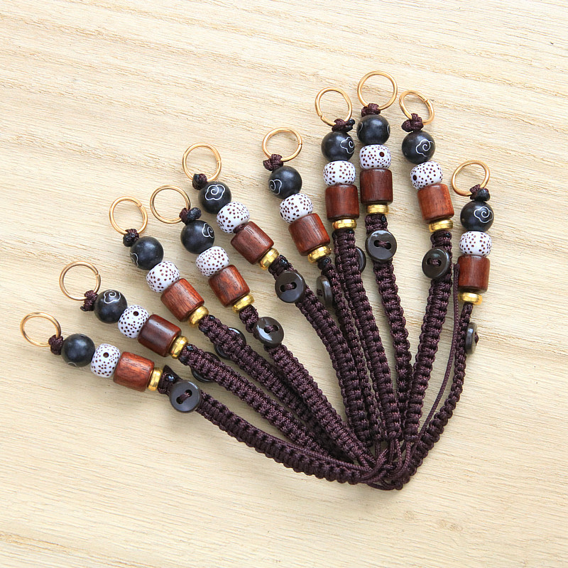 祥云珠星月菩提桶珠酸枝木咖色平结活扣钥匙绳子编织钥匙扣配件