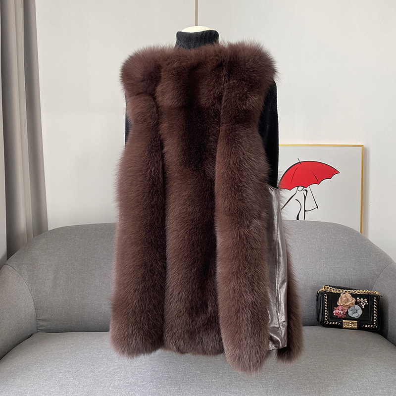 2021冬新款时尚咖色真毛狐狸毛马甲女中长款海宁整皮皮草背心外套