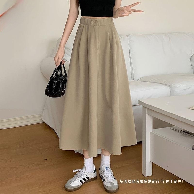 卡其色半身裙女夏季长裙2024春秋裙子小众工装高腰a字小个子伞裙