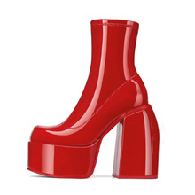跨境外贸秋冬新款时尚红色女鞋方头漆皮中筒靴女靴子大码弹力靴子