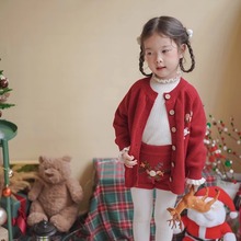23女童秋冬新款红色毛衣套装立体小兔子手工勾花针织衫圣诞新年款