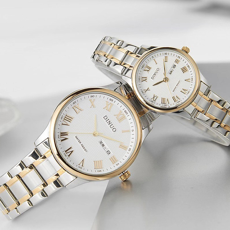 dinuo新款手表批发钢带 谛诺男女士手表双日历石英腕表情侣表5730