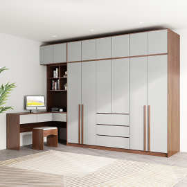 现代简约衣柜转角书桌书架一体组合北欧家用卧室实木质衣橱电脑桌