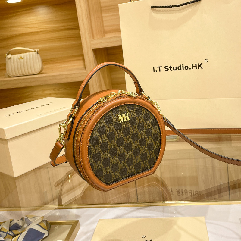 mk圆饼包包2021新款潮时尚夏季真皮单肩斜挎圆形手提小圆包女小包