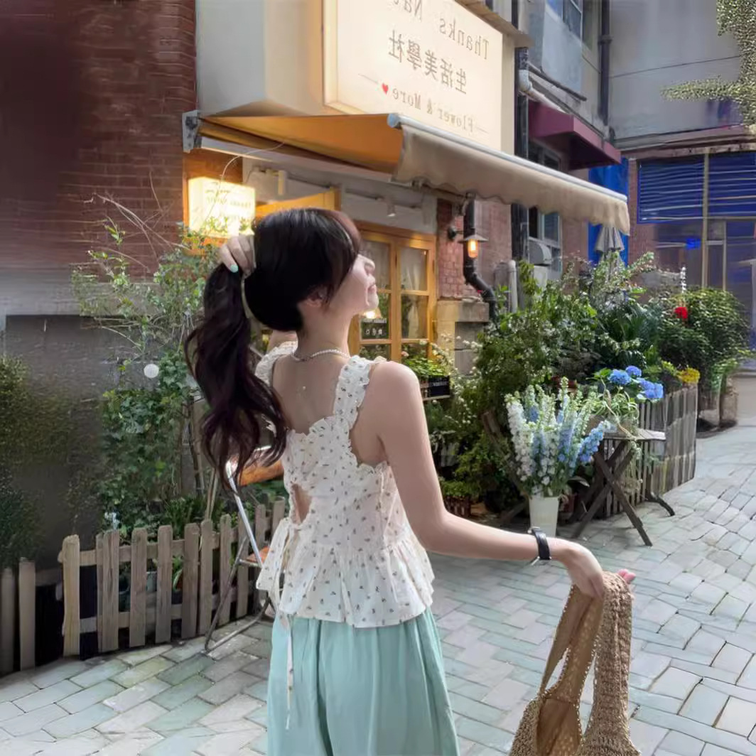 实拍夏季新款甜美盐系露背碎花背心上衣女 高腰直筒裤两件套63554