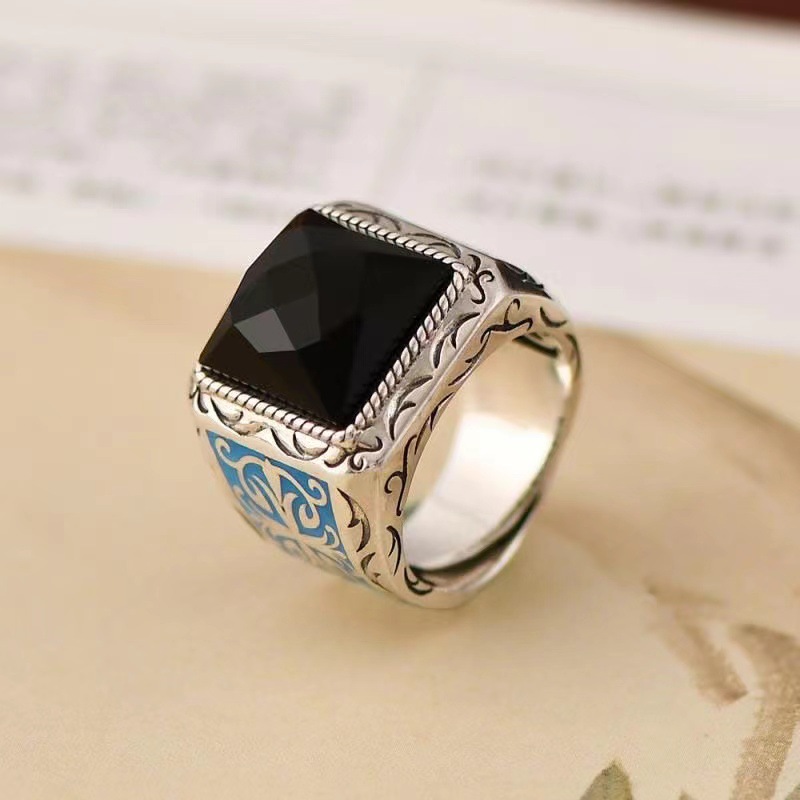 滴胶黑石戒指镀银男士仿黑玛瑙复古花纹欧美个性潮嘻哈高级感开口