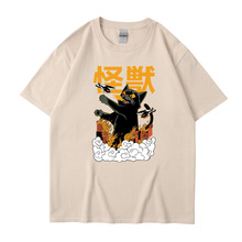 跨境独立站新款夏卡通可爱原宿风格趣味字母猫印花短袖男T恤上衣